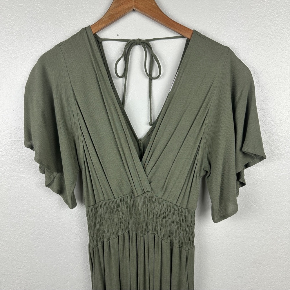 Ooh La Luxe Green Maxi Jumpsuit Smocked Waist Flutter Sleeve Back Tie Size S